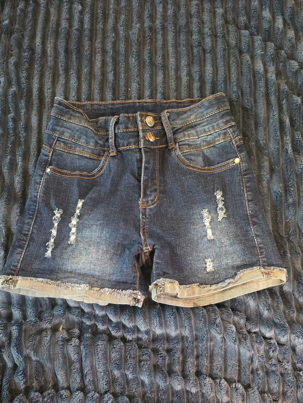 Mid-Rise Distressed Dark Blue Denim Shorts with Frayed Hem